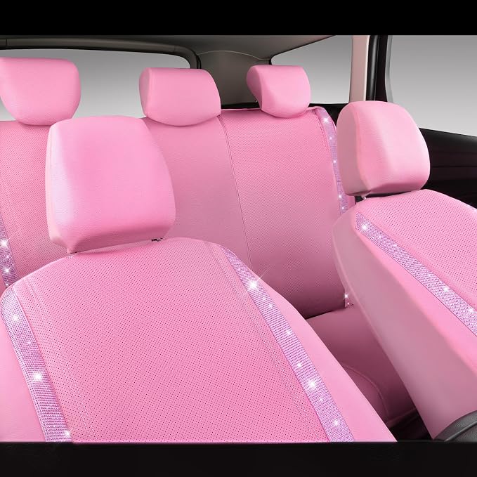 CAR PASS Bling Diamond Car Seat Covers Full Set, Shining Rhinestone Waterproof Faux Leather, Rear with Zipper, Universal Fit Automotive Glitter Crystal Sparkle Strips for Cute Women Girl, Pink - Image 7