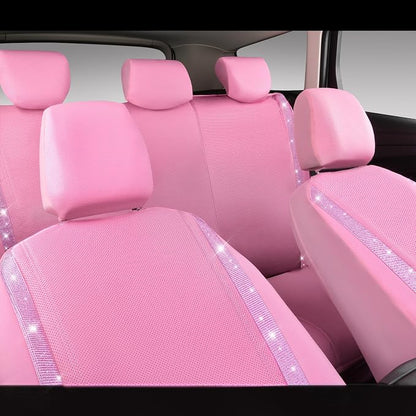 CAR PASS Bling Diamond Car Seat Covers Full Set, Shining Rhinestone Waterproof Faux Leather, Rear with Zipper, Universal Fit Automotive Glitter Crystal Sparkle Strips for Cute Women Girl, Pink - Image 7