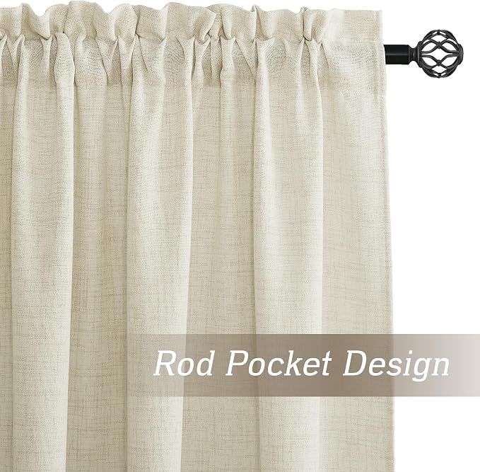 RYB HOME Living Room and Dining Room Curtains 120 inches Long | Light Filtering, Weave Textured, Rod Pocket, Cream Colored, W52 x L120, 2 Panels Set - Image 2