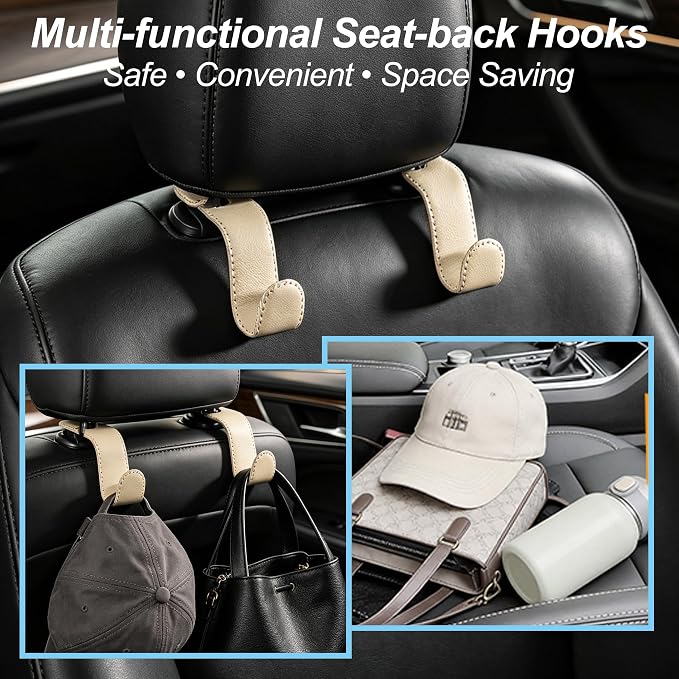 Car Headrest Hooks, Universal Car Seat Back Organizer Hanger, Premium Leather & Metal Construction, Multipurpose for Handbag, Purse, Coat, Ergonomic Design, 2 Pack Beige - Image 3