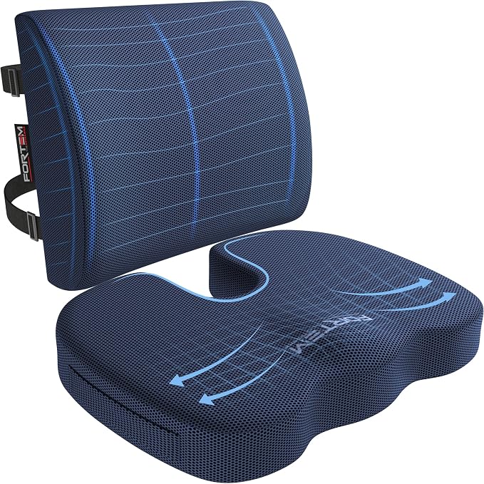 FORTEM Seat Cushion & Lumbar Support for Office Chair, Wheelchair, Car | Memory Foam | Ergonomic Design | Washable Cover | Non Slip | Blue by FORTEM