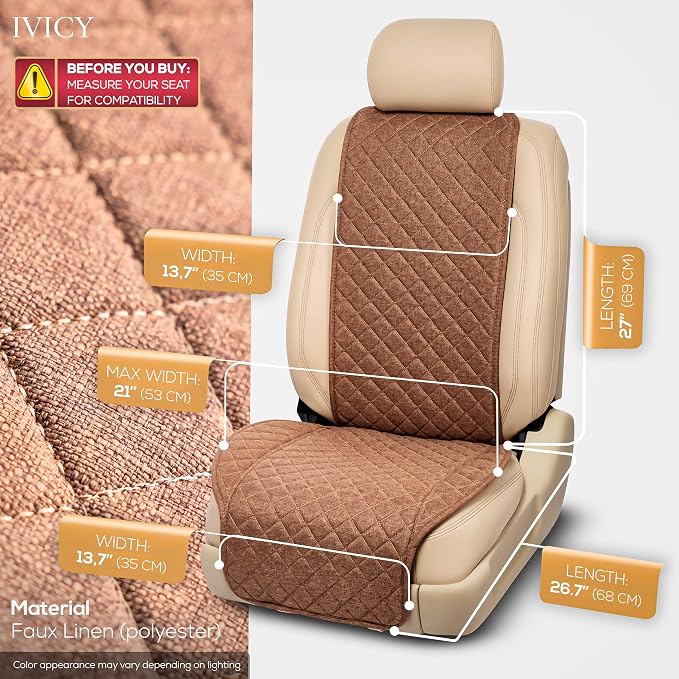 Faux Linen Front Car Seat Cover, Seat Protector, 1 Unit, Light Brown | Non-Slip Bucket Sear Cover for Most Cars, SUVs, Vans & Trucks – Machine Washable, Side-Airbag Friendly - Image 3