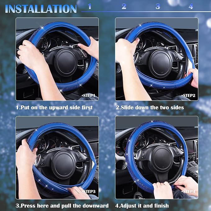 CAR PASS Bling Diamond Leather Steering Wheel Cover, with Bling Sparkly Crystal Glitter Rhinestones Universal Fit 14" 1/2-15" Car Wheel Protect for Women Girl Fit Suvs,Vans,Sedans,Cars,Trucks, Blue - Image 7