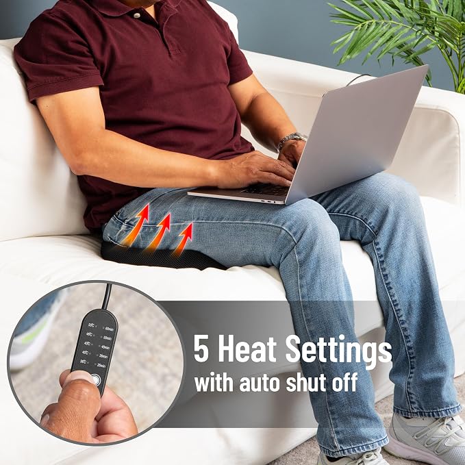 Mind Reader Heated Memory Foam Seat Cushion with Air-Cloud Support, Slim Ergonomic Cushion with 4 Heat Settings Timer and Auto Shut-Off, Black - Image 4