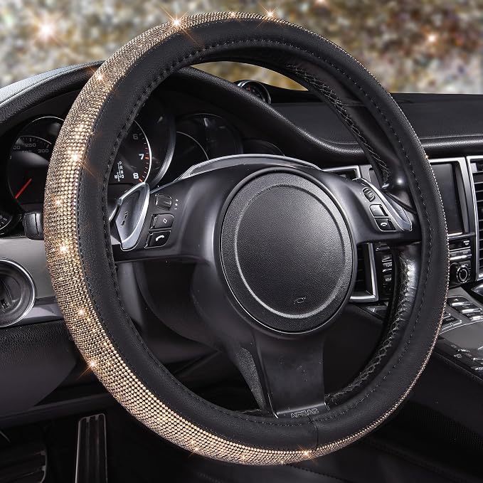 CAR PASS Bling Champagne Diamond Steering Wheel Cover, Black Leather Universal Fit 14.5-15inch Glitter Rhinestones for Women Sparkle Crystal Girly Shining for SUV,Vans,Sedan,Car,Truck, Black Champagne by CARPASS