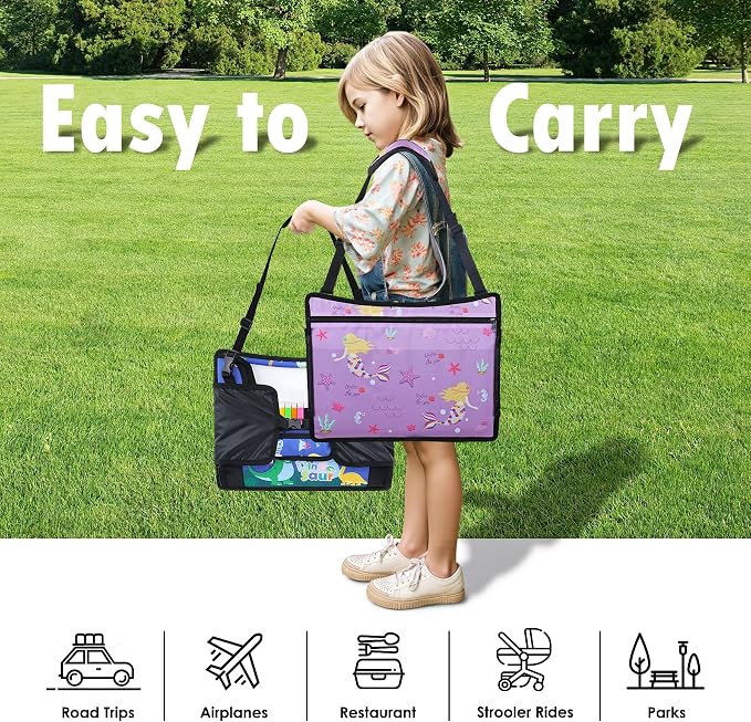 Kids Travel Tray for Toddler Car Seat, Road Trip Activities for Kid | Toddler Car Activities with No-Drop iPad Holder Stand, Roadtrip Essentials with Dry Erase Board & Cooler Cup Holder, 2PC - Image 8