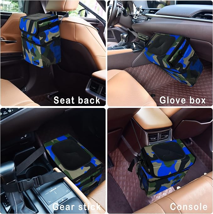SIBOFUEGO Cute Car Trash Can with Lid – Multipurpose Collapsible Trash Bin for Car, Leak-Proof Organizer, Waterproof Garbage Can with Storage Pockets & Adjustable Straps, 2 Gallons (Camo Blue) - Image 6