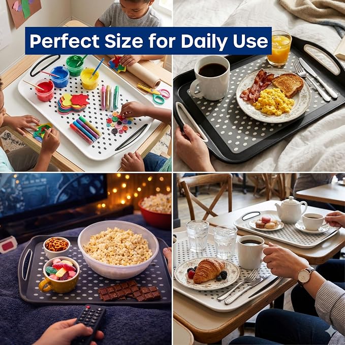 Food Trays for Eating on Couch - 2 Pack - Non Slip Dinner Trays for Eating Set of 2 Non Slip Serving Tray and Food Tray with Handles (Black & White) - Image 6