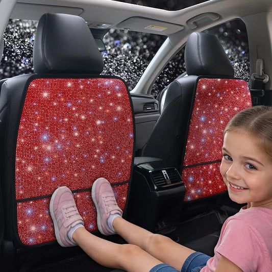 Luxury Bling Car Seat Back Protectors with Pockets – Sparkling Rhinestone Kick Mats, Universal Fit PU Leather Back Seat Covers for SUV Leather Seats, Diamond Protectors for Girls Red 2pcs by Pirador