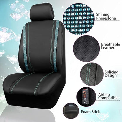 CAR PASS Bling Car Seat Covers Full Set, Shining Rhinestone Diamond Waterproof Faux Leather Universal Fit 95% Automotive Glitter Crystal Sparkle Strips for Cute Women Girl, Full Set (Mint Diamond) - Image 3
