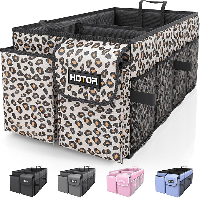 HOTOR Trunk Organizer - Foldable Car Organizer for SUVs & Sedans Storage | Sturdy Car Organization for Men & Women, Car Accessories, Tools, Brown Leopard, 2 Compartments, 21.3" x 12.6" x 10.6" by HOTOR