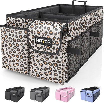 HOTOR Trunk Organizer - Foldable Car Organizer for SUVs & Sedans Storage | Sturdy Car Organization for Men & Women, Car Accessories, Tools, Brown Leopard, 2 Compartments, 21.3" x 12.6" x 10.6" by HOTOR