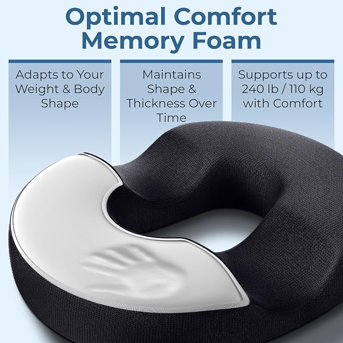 5 STARS UNITED Donut Pillow for Tailbone Pain & Hemorrhoids – Large Memory Foam Lifting Cushion for Bed Sore-Prone Areas & Pressure Relief – Prostate, Postpartum & Pregnancy Support, Black Mesh Cover - Image 5