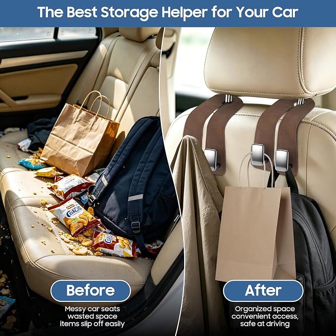 Amooca Car Headrest Hooks 2-Pack Suede Seat Organizer with Metal Core | Universal Fit, Double-hook Design, Backseat Storage for Backpack Umbrella Water Bottle Coat Purses Handbags Groceries, Brown - Image 2
