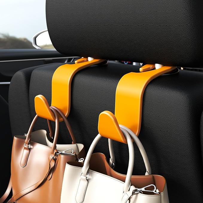 4-Pack Car Headrest Hooks Holds 55lbs Seat Storage Organizer for Bags | Durable ABS Material, 360° Rotating, Car Hanger for Backpack Umbrella Water Bottle Coat Purses Handbags Groceries, Yellow - Image 2