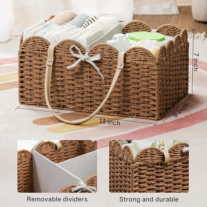 Paper Rope Diaper Caddy, Scalloped Baskets with Removable Divider | Woven Floral Baby Diaper Organizer for Changing Table,Baby Shower Gifts,Portable Car Organizer for Diapers - Image 2