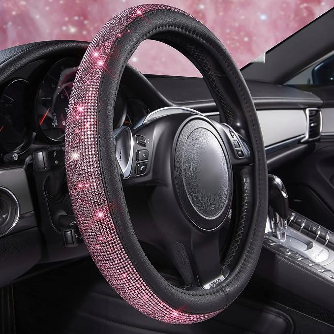 CAR PASS Bling Diamond Leather Steering Wheel Cover, Bling Sparkly Crystal Glitter Rhinestones Universal Fit 14" 1/2-15" Car Wheel Protect for Women Girl Fit Suvs,Vans,Sedans,Cars,Trucks, Pink Black - Image 2