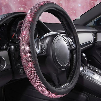CAR PASS Bling Diamond Leather Steering Wheel Cover, Bling Sparkly Crystal Glitter Rhinestones Universal Fit 14" 1/2-15" Car Wheel Protect for Women Girl Fit Suvs,Vans,Sedans,Cars,Trucks, Pink Black - Image 2