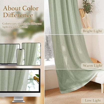 RYB HOME Thick Linen Curtains 102 inches Long for Living Room | Wrinkle Resistant, Semi Translucent, Vertical Boho, Linen Burlap, for Kids Room Home Office, Sage Green, W52 x L102, 2 Panels - Image 7