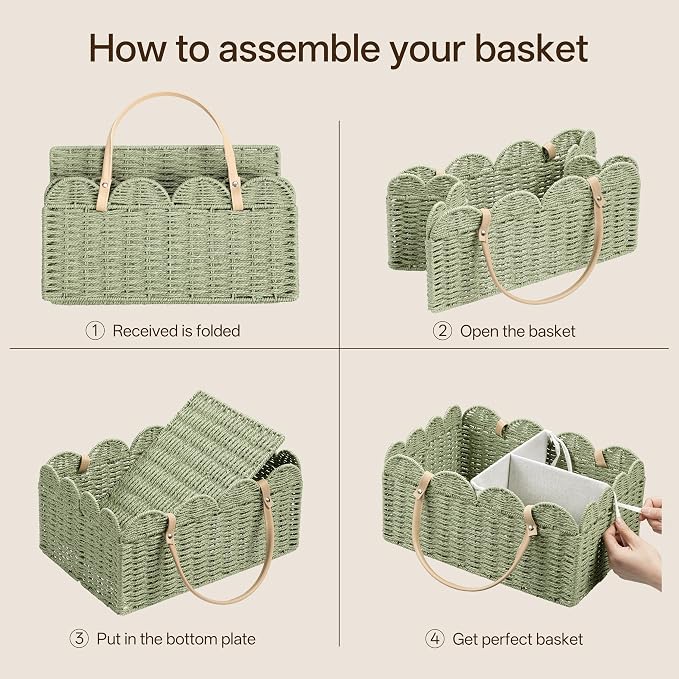 Angelhood Paper Rope Diaper Caddy, Scalloped Baskets with Removable Divider | Woven Floral Baby Diaper Organizer for Changing Table,Baby Shower Gifts,Portable Car Organizer for Diapers - Image 3