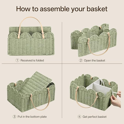 Angelhood Paper Rope Diaper Caddy, Scalloped Baskets with Removable Divider | Woven Floral Baby Diaper Organizer for Changing Table,Baby Shower Gifts,Portable Car Organizer for Diapers - Image 3