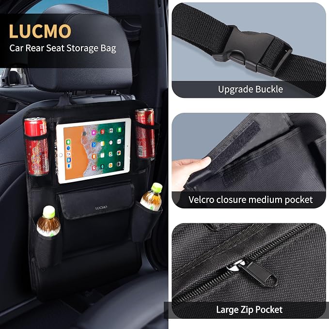LUCMO Car Backseat Organizer with Touch Screen Tablet Holder, Black | 9 Storage Pockets,Clear Tablet Holder,Protectors Kick Mats,Travel Accessories,Seat Cover,Road Trip Essentials - Image 2