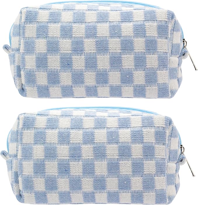 Checkered Makeup Bag for Purse, Small Travel Cosmetic Pouch,Blue,2 Pack | Cute Zipper Makeup Organizer for Women, Travel Essentials, Toiletries, Makeup Brushes, Beauty Accessories&Bridesmaid Gifts by PAZIMIIK