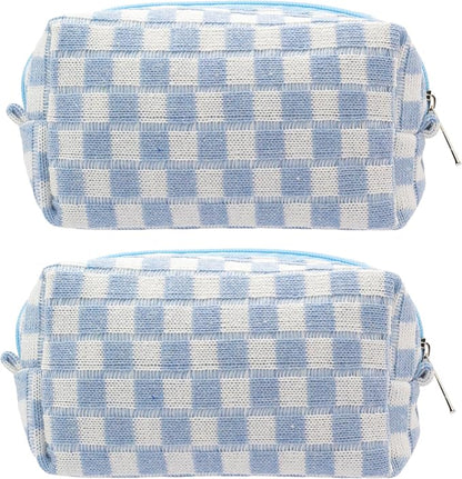 Checkered Makeup Bag for Purse, Small Travel Cosmetic Pouch,Blue,2 Pack | Cute Zipper Makeup Organizer for Women, Travel Essentials, Toiletries, Makeup Brushes, Beauty Accessories&Bridesmaid Gifts by PAZIMIIK