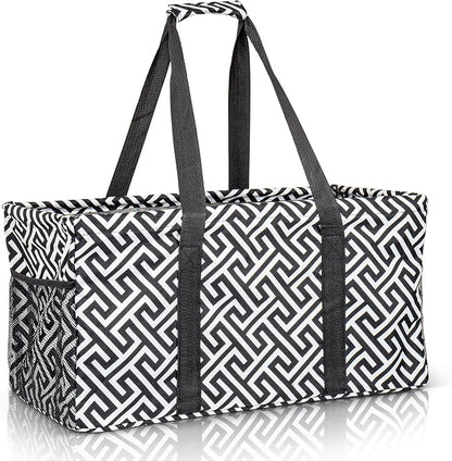 Extra Large Utility Tote Bag - Oversized Collapsible Reusable Wire Frame Rectangular Canvas Basket With Two Exterior Pockets For Beach, Pool, Laundry, Car Trunk, Storage - Geometrc Black by Lucazzi