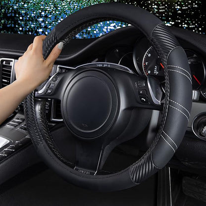 CAR PASS Line Rider Microfiber Leather Sporty 14.5-15 inch Steering Wheel Cover Universal Fits for 95% Truck,SUV,Cars, Anti-Slip Safety Comfortable Design (Black Carbon Fiber) - Image 3