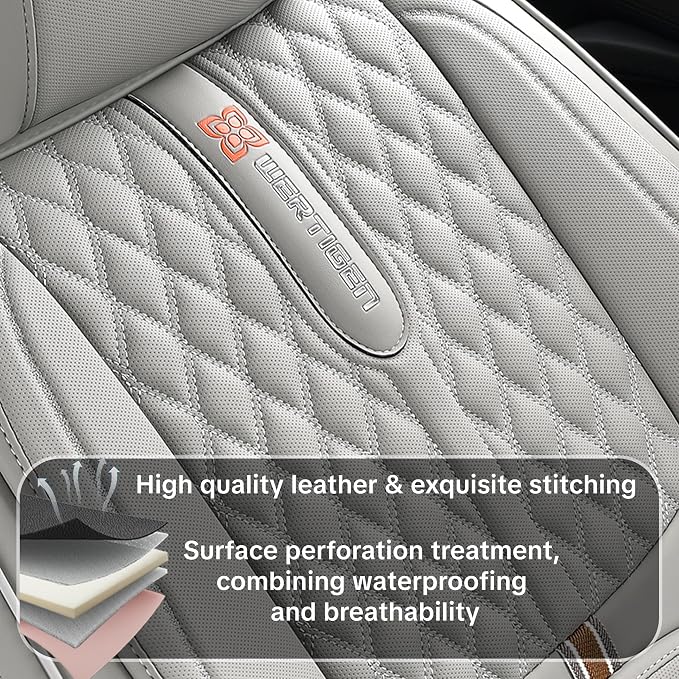 Car Seat Cover Complete Set, Light Gray, Suitable for Most Cars | with Lumbar Support, Premium Artificial Leather, Waterproof and Easy to Clean, Airbag Compatible - Image 8