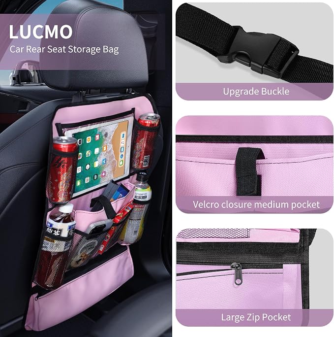 LUCMO Car Backseat Organizer with Touch Screen Tablet Holder, Pink | 2 Pcs,9 Storage Pockets,Clear Tablet Holder,Protectors Kick Mats,Travel Accessories,Seat Cover,Road Trip Essentials - Image 3