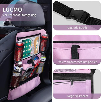 LUCMO Car Backseat Organizer with Touch Screen Tablet Holder, Pink | 2 Pcs,9 Storage Pockets,Clear Tablet Holder,Protectors Kick Mats,Travel Accessories,Seat Cover,Road Trip Essentials - Image 3