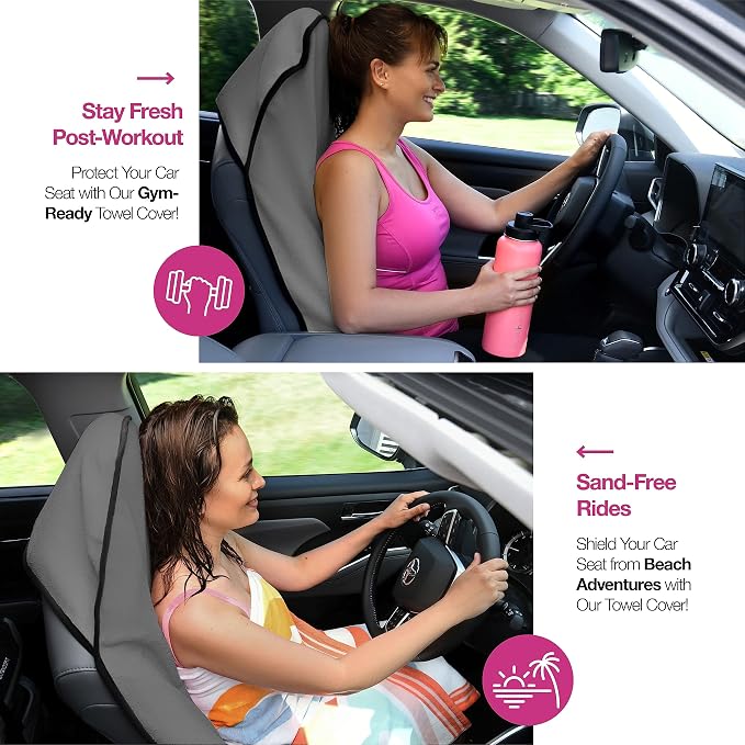 lebogner Car Seat Towel Cover for Post Gym Workout, Running and Swimming, 2 Pack Universal Fit Anti-Slip Waterproof Sweating Bucket Seat Protector for Cars, SUVs and Trucks, Grey - Image 3
