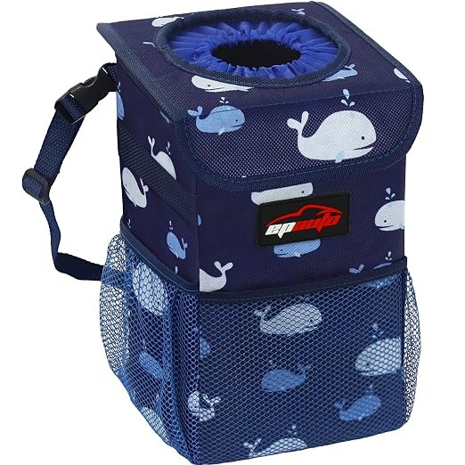 EPAuto Waterproof Car Trash Can with Lid and Pockets, 1.8 Gal, Blue | Leakproof, Collapsible Multipurpose Car Bin with 3 Side Storage Pockets, Adjustable Straps by EPAuto