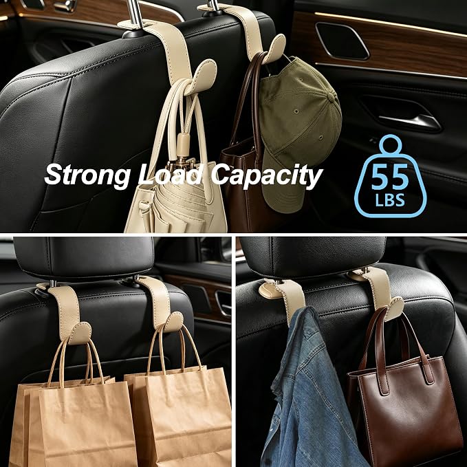 Car Headrest Hooks, Universal Car Seat Back Organizer Hanger, Premium Leather & Metal Construction, Multipurpose for Handbag, Purse, Coat, Ergonomic Design, 2 Pack Beige - Image 4