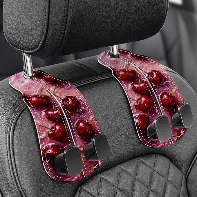 WOCOCN Purse Holder for Car, 2 Pack Heavy Duty Purse Hanger for Car, Cherry | PU Leather Car Seat Hooks for Purses and Bags, Cute Floral Headrest Organizer for Handbags & Backpacks by WOCOCN