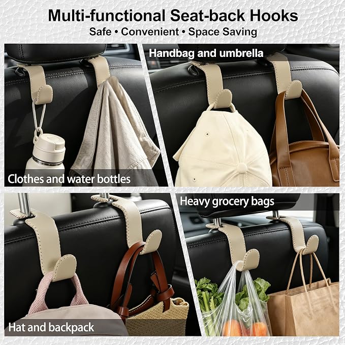 Car Seat Headrest Hook Heavy Duty 55lb Metal Hanger with Leather for Bags | Universal Vehicle Seat Back Organizer, Ergonomic Design, Hang Groceries Handbag Backpack Water Bottle, 4 Pack Beige - Image 2