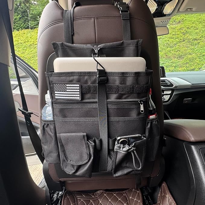 Front & Seat back organizer with dedicated tablet and 15.6 IN laptop storage stabilizers external stabilizing side straps soft adjustable shoulder straps hardened buckle (Black) - Image 7