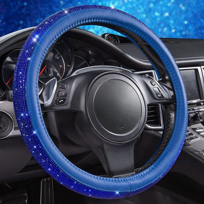 CAR PASS Bling Diamond Leather Steering Wheel Cover, with Bling Sparkly Crystal Glitter Rhinestones Universal Fit 14" 1/2-15" Car Wheel Protect for Women Girl Fit Suvs,Vans,Sedans,Cars,Trucks, Blue by CARPASS