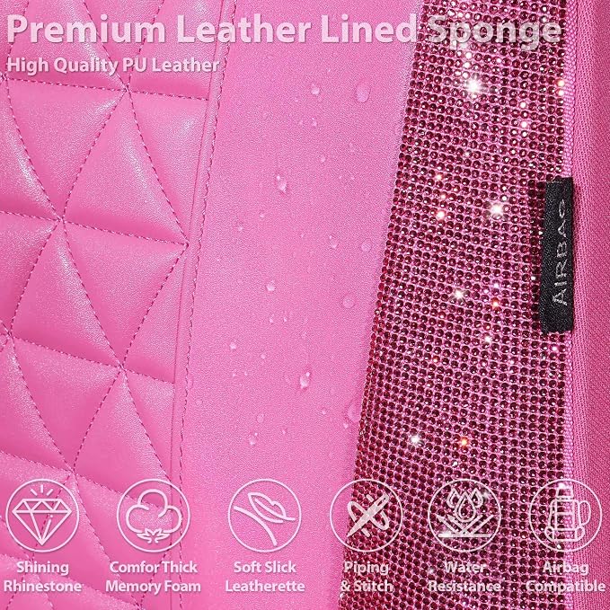 CAR PASS Hot Pink Bling Diamond Leather Car Seat Covers Full Sets, Waterproof Shining Glitter Sparkly Crystal Universal Armrest Fit for Automotive Truck SUV Cute Women Girl,Hot Pink Rhinestone - Image 4