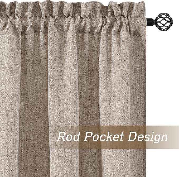 RYB HOME Linen Textured Semi Sheer Curtains 63 inches Long for Living Room | Half Privacy, Light Filtering, Faux Linen Blend, Office Nursery Laundry Dorm Bathroom, Oatmeal, W52 x L63, 2 Panels Set - Image 3