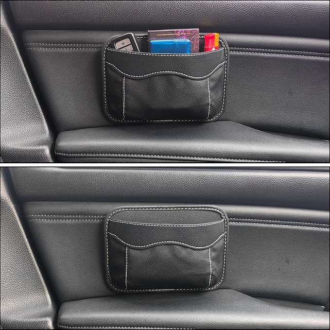 Small Car Seat Side Pocket Organizer, Reusable Adhesive Car Storage Bag | Universal vehicle door & console pouch for phones keys Cards sunglass etc, Suitable for all vehicles, PU Leather, Black by ZQLYCSK