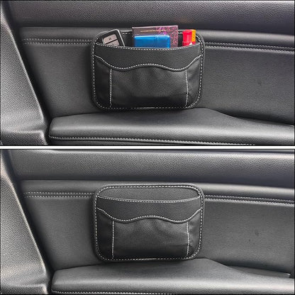 Small Car Seat Side Pocket Organizer, Reusable Adhesive Car Storage Bag | Universal vehicle door & console pouch for phones keys Cards sunglass etc, Suitable for all vehicles, PU Leather, Black by ZQLYCSK