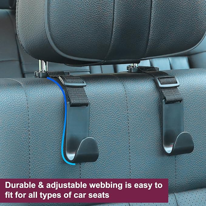4-Pack Universal Car Headrest Hooks Anti-drop Seat Back Organizer for Bags | Adjustable Nylon Straps, Heavy-Duty Holds 40 lbs, Thickened ABS, Hanger for Handbag Backpack Groceries Water Bottle, Black - Image 6