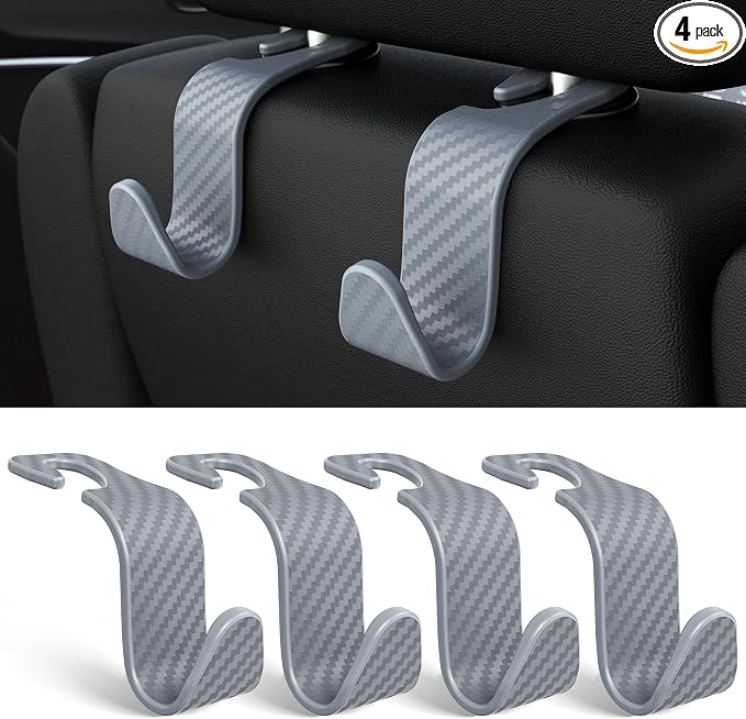 4-Pack Car Headrest Hooks Holds 55lbs Seat Storage Organizer for Bags | Durable ABS Material, 360° Rotating, Car Hanger for Backpack Umbrella Water Bottle Coat Handbags Groceries, Checkered Grey by Amooca
