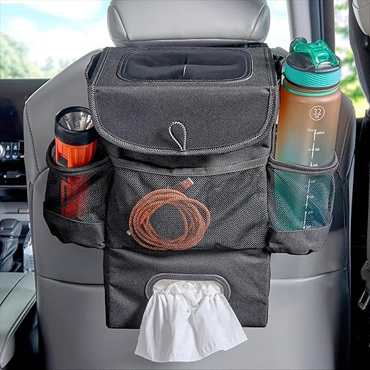 High Road Car Seatback Organizer - Hanging Car Trash Can with Tissue Holder | Car Tissue Holder and Trash Can with Removable Leakproof Liner Keeps Trash, Bottles and Boxes Off the Seat and Floor by HighRoad
