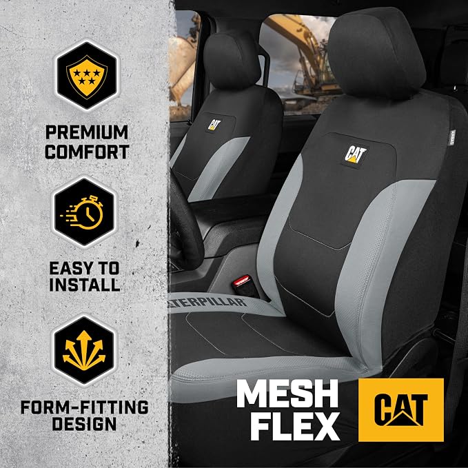 Caterpillar Flexfit Automotive Seat Covers for Cars Trucks and SUVs (Set of 2) – Black Seat Covers for Front Seats, Seat Protectors with Gray Honeycomb Trim, Auto Interior Covers - Image 2