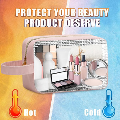 Kacctyen Insulated Makeup Bag for Car Women Cosmetics Bag Heat-resistant Travel Makeup Organizer Waterproof Skincare Case from Melting Freezing Winter Valentines Gift for Women(Medium,Portable,Pink) - Image 4
