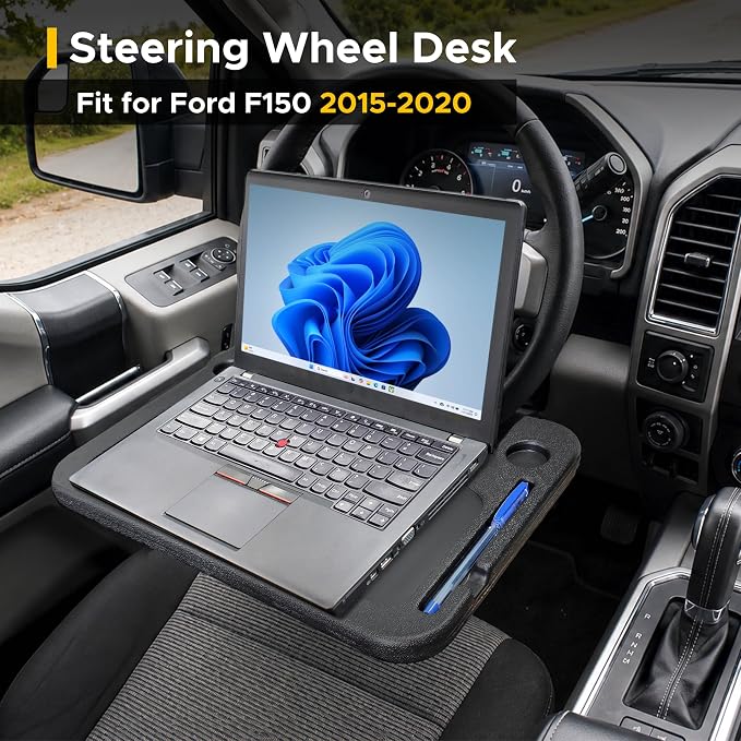 EcoNour 2-in-1 Steering Wheel Desk for Ford F150 2015-2019 2020 | Car Tray Table | Laptop Car Mount with Pen Holder Food Tray for Eating with Drinks Holder Multipurpose Travel Car Accessories - Image 2